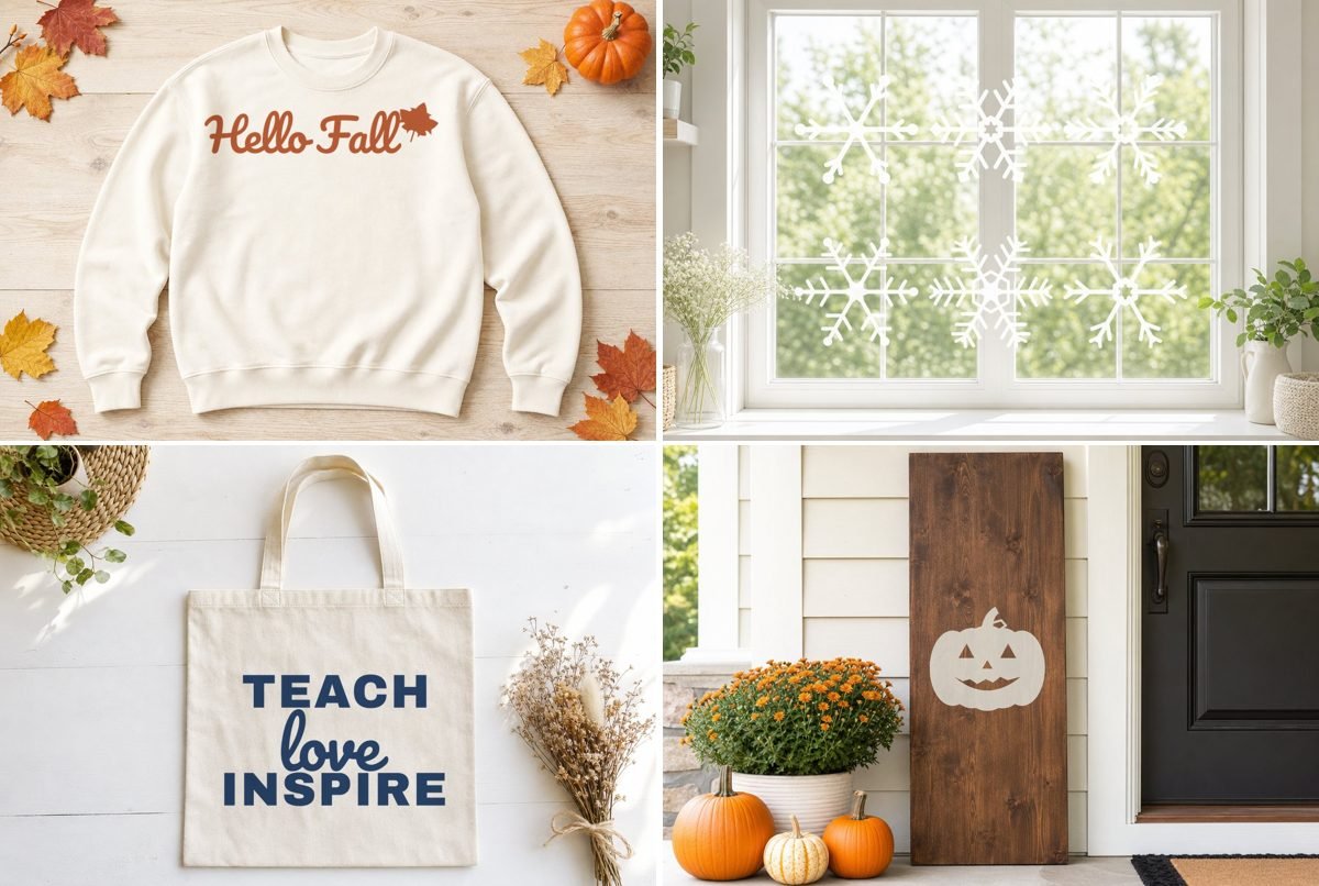 A selection of free SVG cut files: pumpkins, snowflakes, a monogram and a script phrase