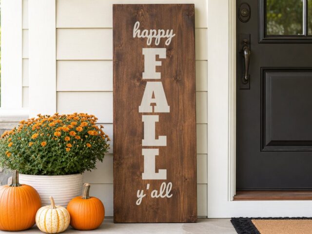 Happy Fall Y'all SVG for a Vertical Porch Sign Happy Fall Y'all SVG for a Vertical Porch Sign design stenciled on a tall wood porch board