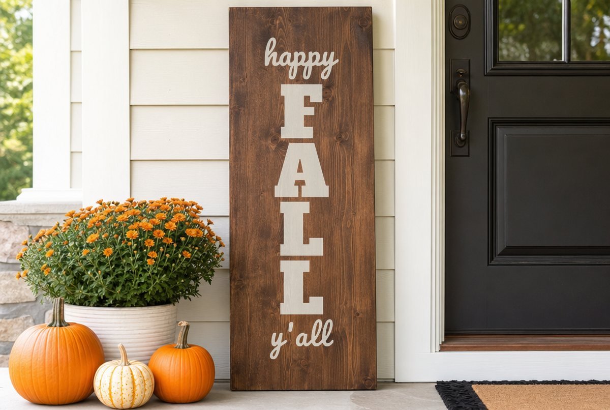 Happy Fall Y'all SVG for a Vertical Porch Sign design stenciled on a tall wood porch board