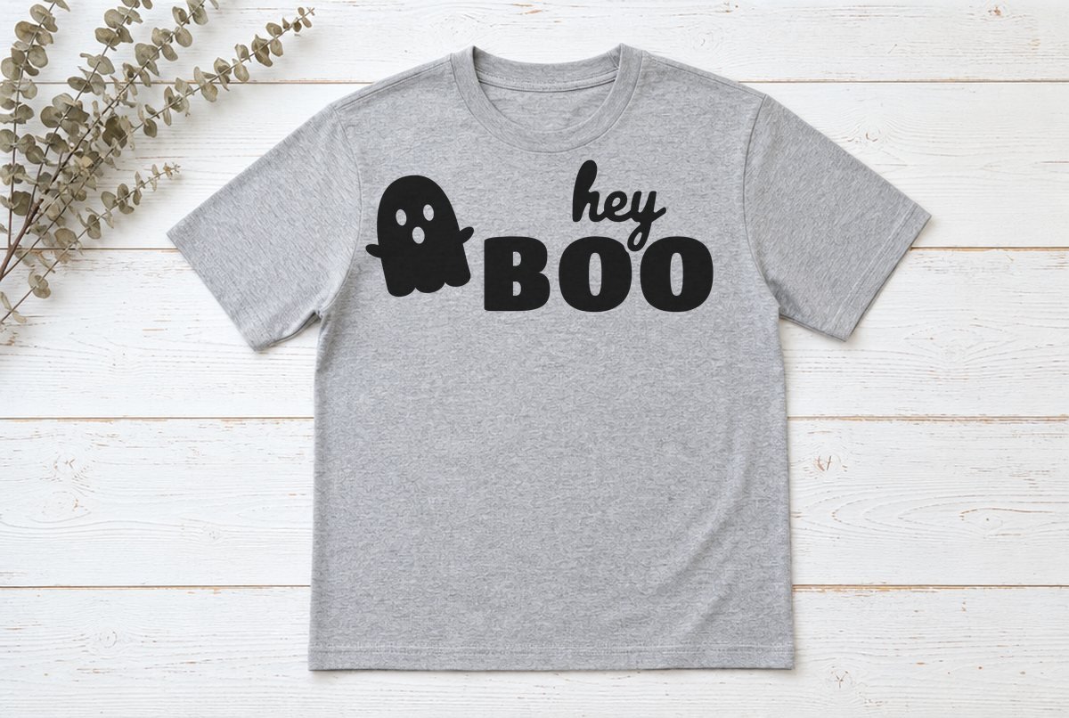 Hey Boo Ghost SVG for Halloween Shirts Hey Boo Ghost SVG for Halloween Shirts design on a gray T-shirt
