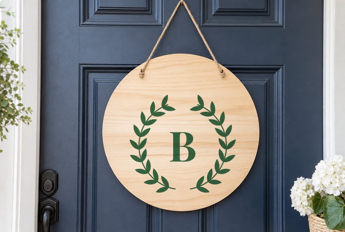 Laurel Wreath Monogram SVG Laurel Wreath Monogram SVG design on a round wood door sign