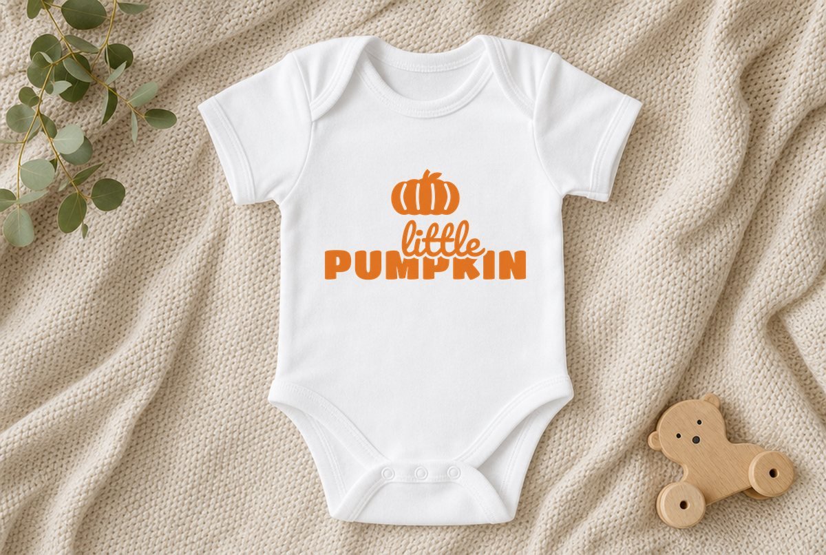 Little Pumpkin SVG for Baby's First Halloween design on a baby bodysuit