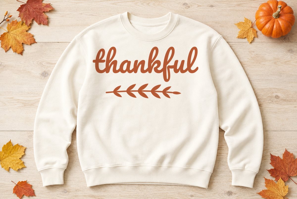 Thankful SVG design on a cream sweatshirt